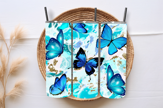 Water tumbler with blue butterflies design